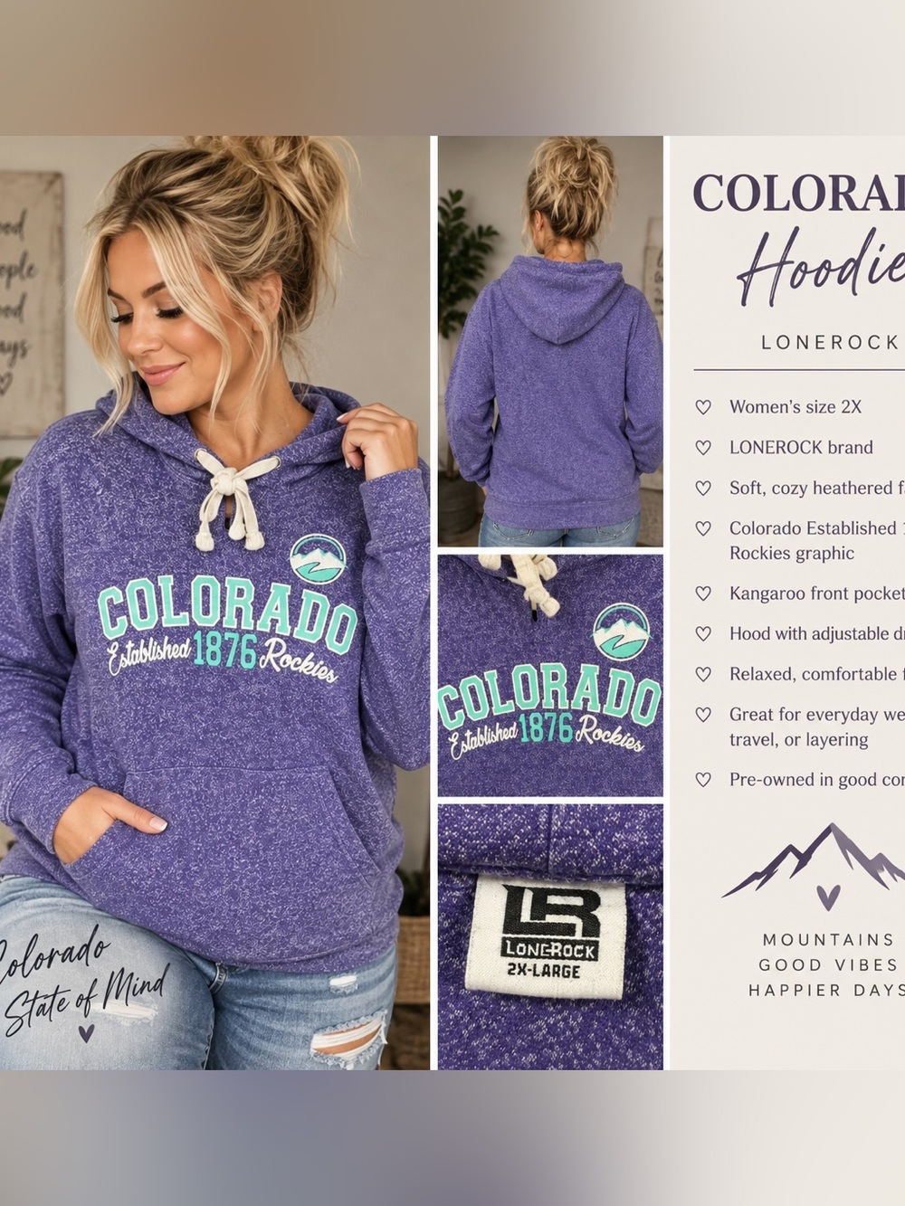Lonerock Colorado Rockies Purple Heather Hoodie Women’s 2X